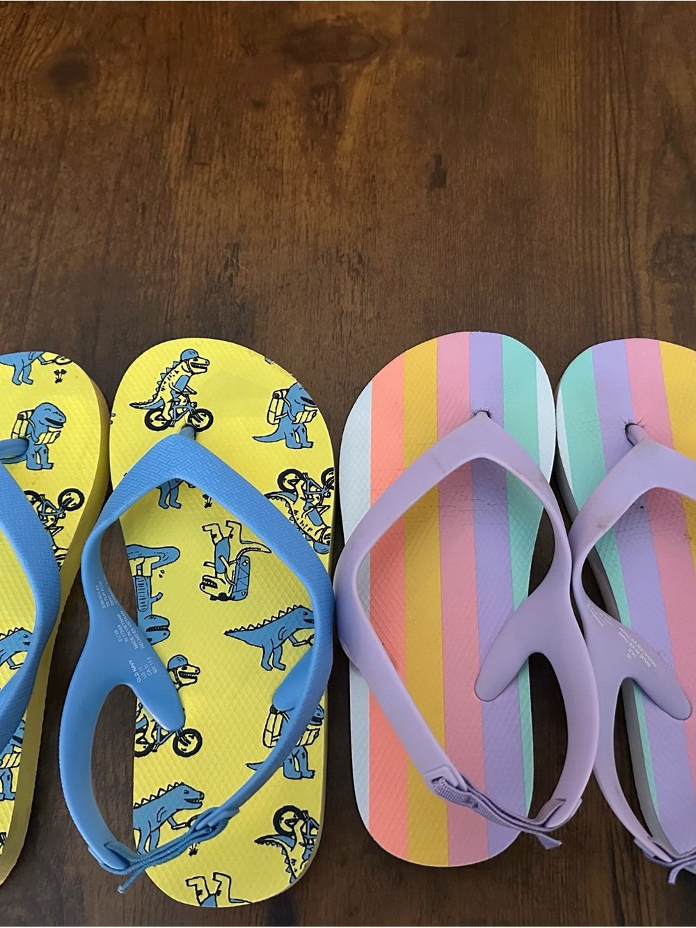 Kids Yellow Dinosaur Flip Flops - Blue Straps